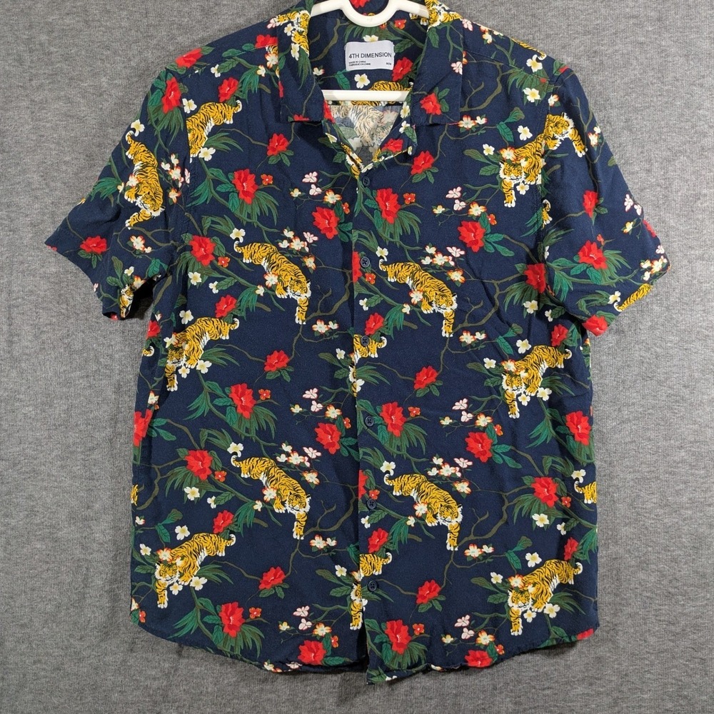 4th Dimension Mens Tiger Floral Rayon Button Down Shirt Navy Blue Size M